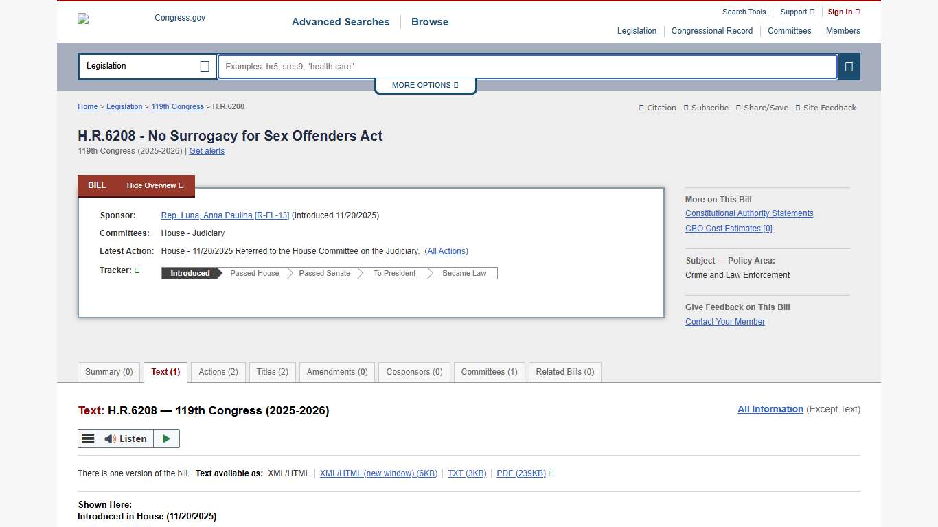 Text - H.R.6208 - 119th Congress (2025-2026): No Surrogacy for Sex Offenders Act Congress.gov Library of Congress