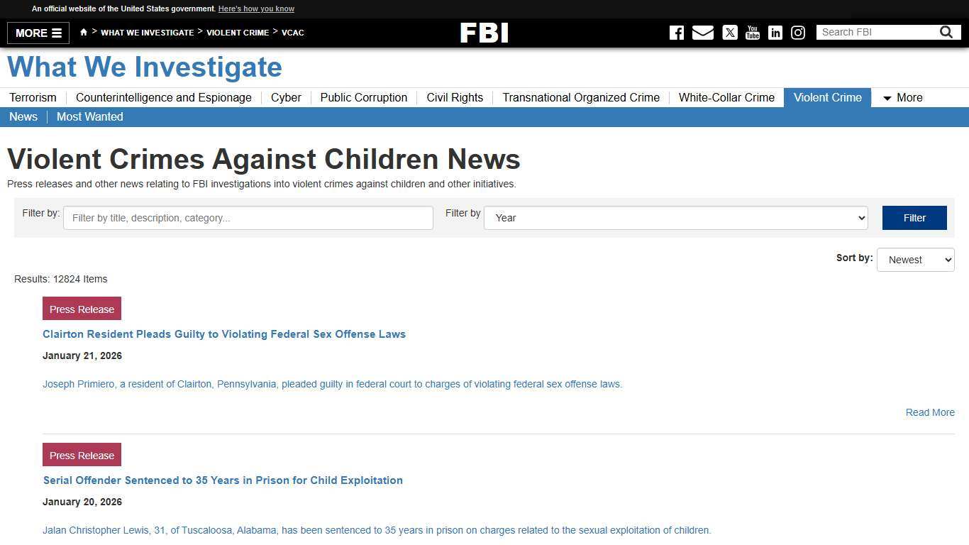 Violent Crimes Against Children News — FBI